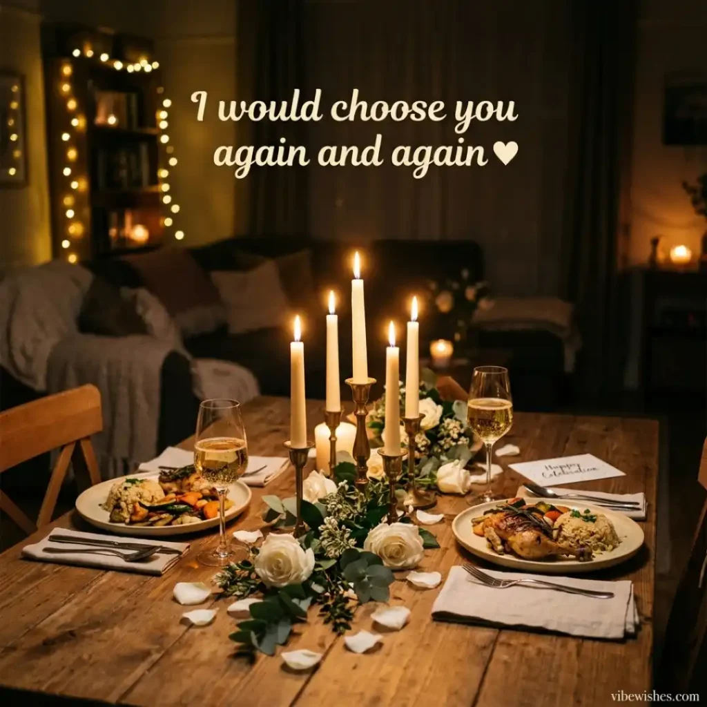 A beautifully decorated candlelit dinner table with roses and food for a romantic celebration.