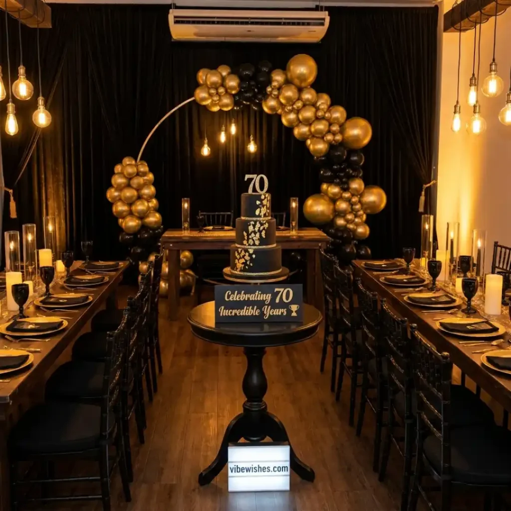 A beautiful dinner hall setup for a milestone party, ideal for a post featuring celebratory 70th birthday wishes for husband.