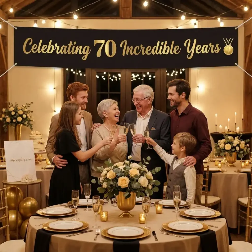 A beautifully decorated event hall with a milestone cake, perfect for celebrating 70th birthday wishes for grandfather.