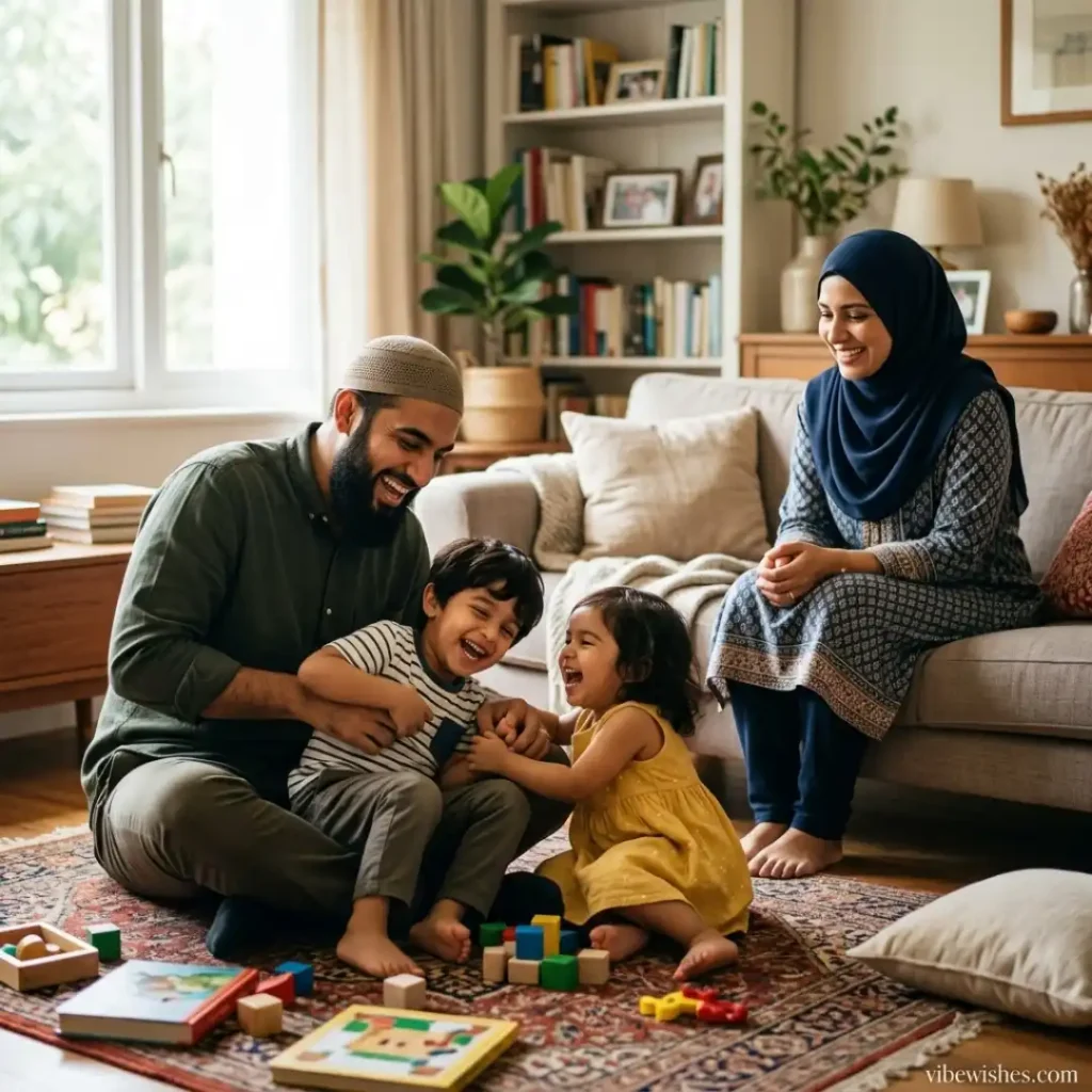 A happy Muslim family with a husband, wife, and two young children playing with blocks on the living room floor.