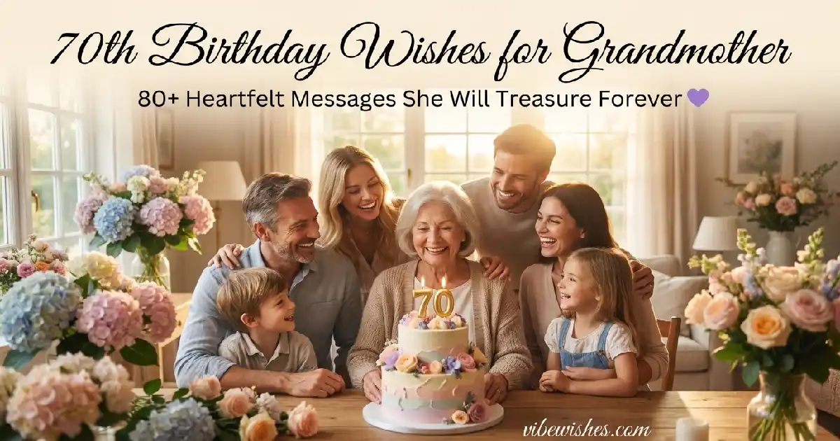 A happy older woman smiling beautifully outdoors at sunset, serving as the main feature graphic for 70th birthday wishes for grandmother.
