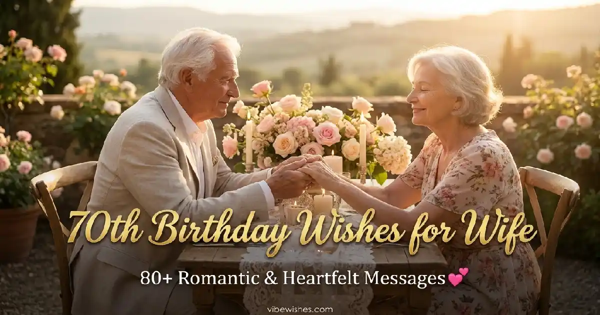 An elegant elderly couple holding hands at a romantic dinner table, perfect for sharing 70th birthday wishes for wife.