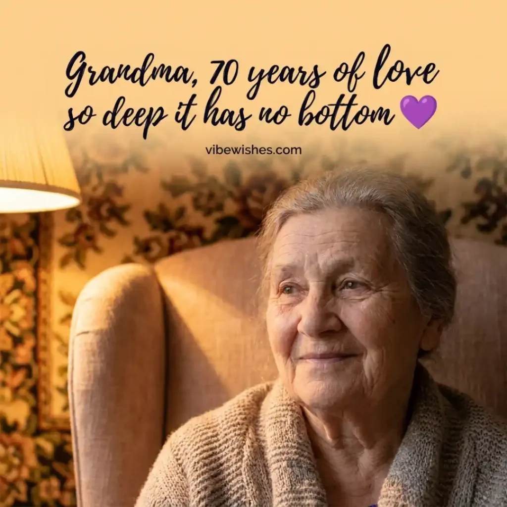 A close-up portrait of a grandmother looking down with a gentle, happy smile, ideal for an article about 70th birthday wishes for grandmother.