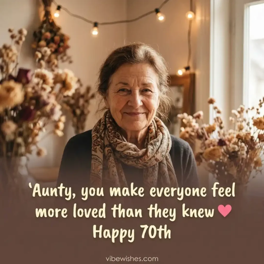A close-up of an elderly woman looking down thoughtfully with a gentle smile, ideal for an article on 70th birthday wishes for aunty.