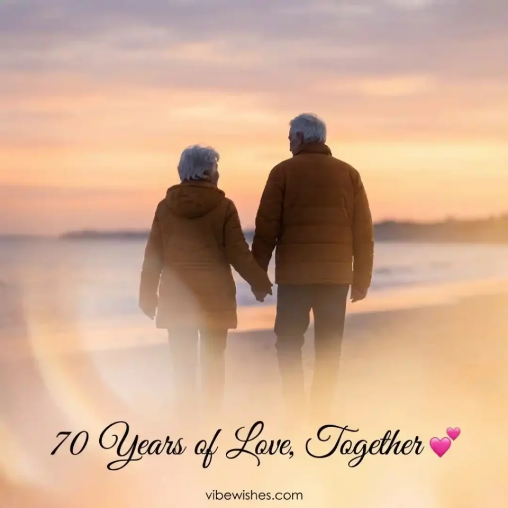 An older couple walking hand in hand on a beach at sunset, an ideal backdrop for 70th birthday wishes for wife.