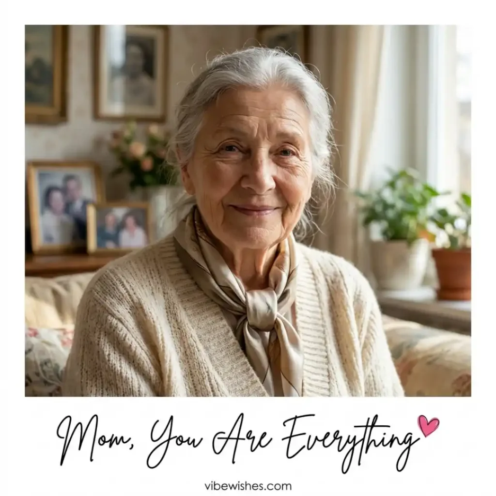 A smiling elderly mother sitting gracefully with a teacup, matching sweet 70th birthday wishes for mom.