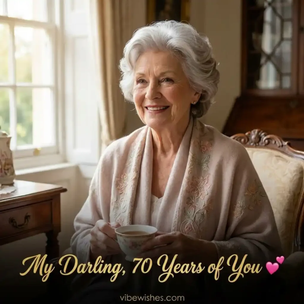 A beautiful elderly woman holding a teacup and smiling by a window, inspiring sweet 70th birthday wishes for wife.
