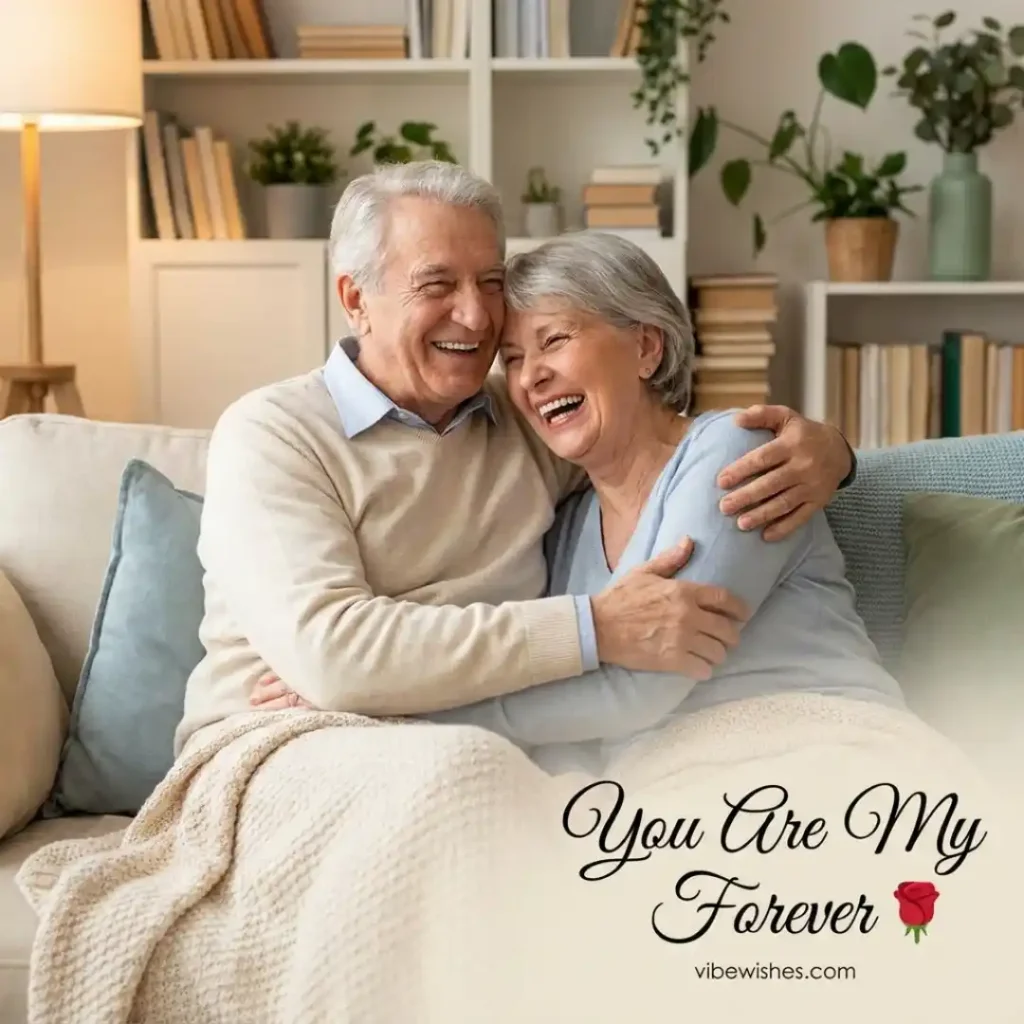 A happy senior couple laughing and hugging on a couch, capturing the spirit of romantic 70th birthday wishes for wife.