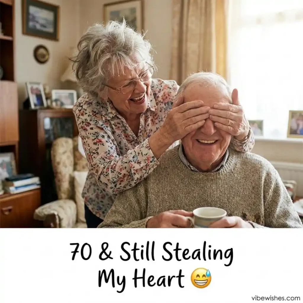 A playful senior woman covering her husband's eyes from behind, showcasing fun ideas for 70th birthday wishes for wife.