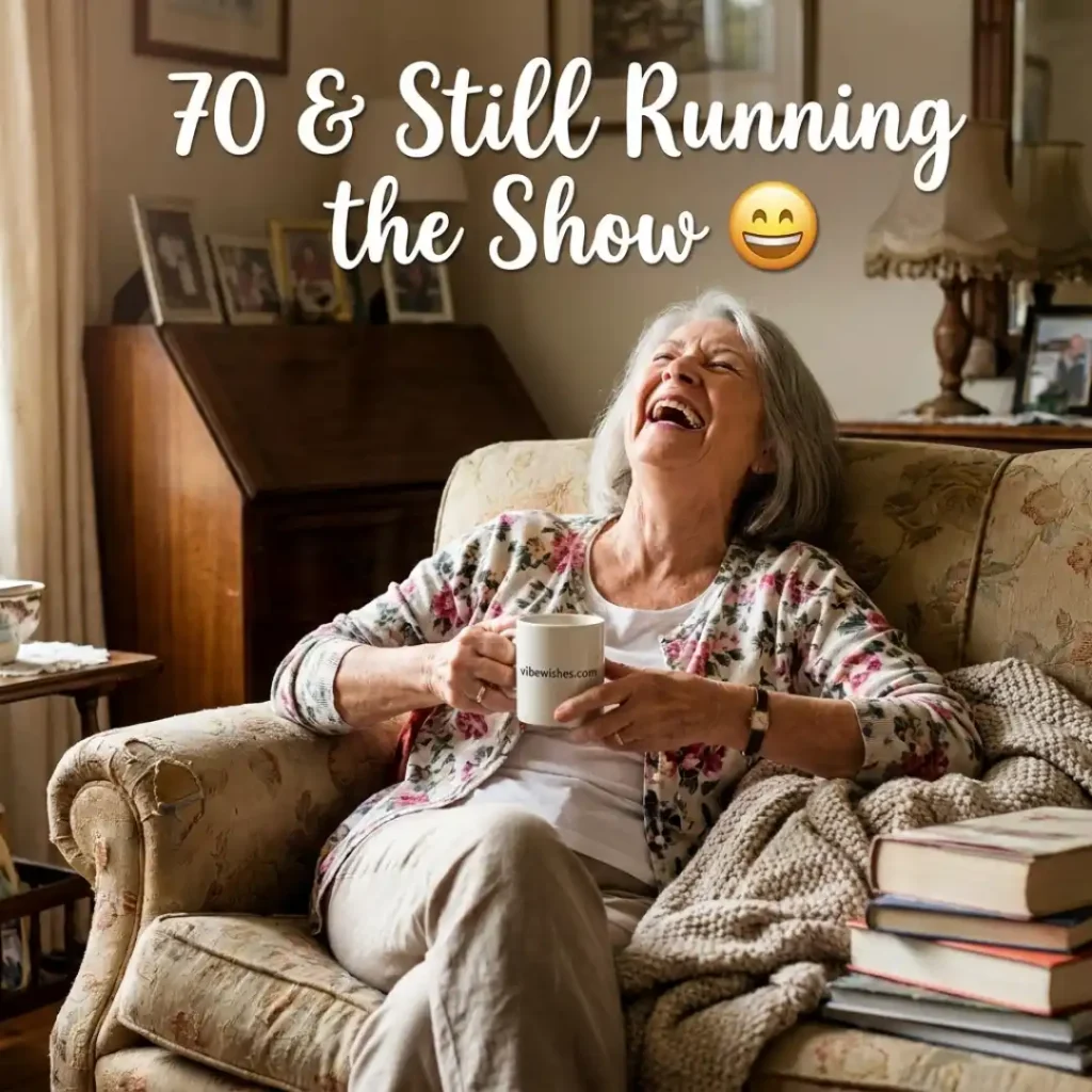 A playful senior woman surprising her husband, great for adding a lighthearted touch to 70th birthday wishes for mom posts.