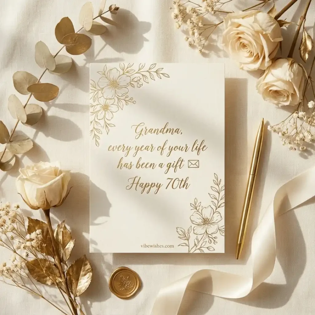 A clean white greeting card resting on a light wooden table, great for typing out short 70th birthday wishes for grandmother.