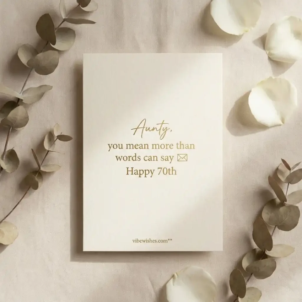A clean white greeting card sitting on a light wooden table, perfect for typing out short 70th birthday wishes for aunty.