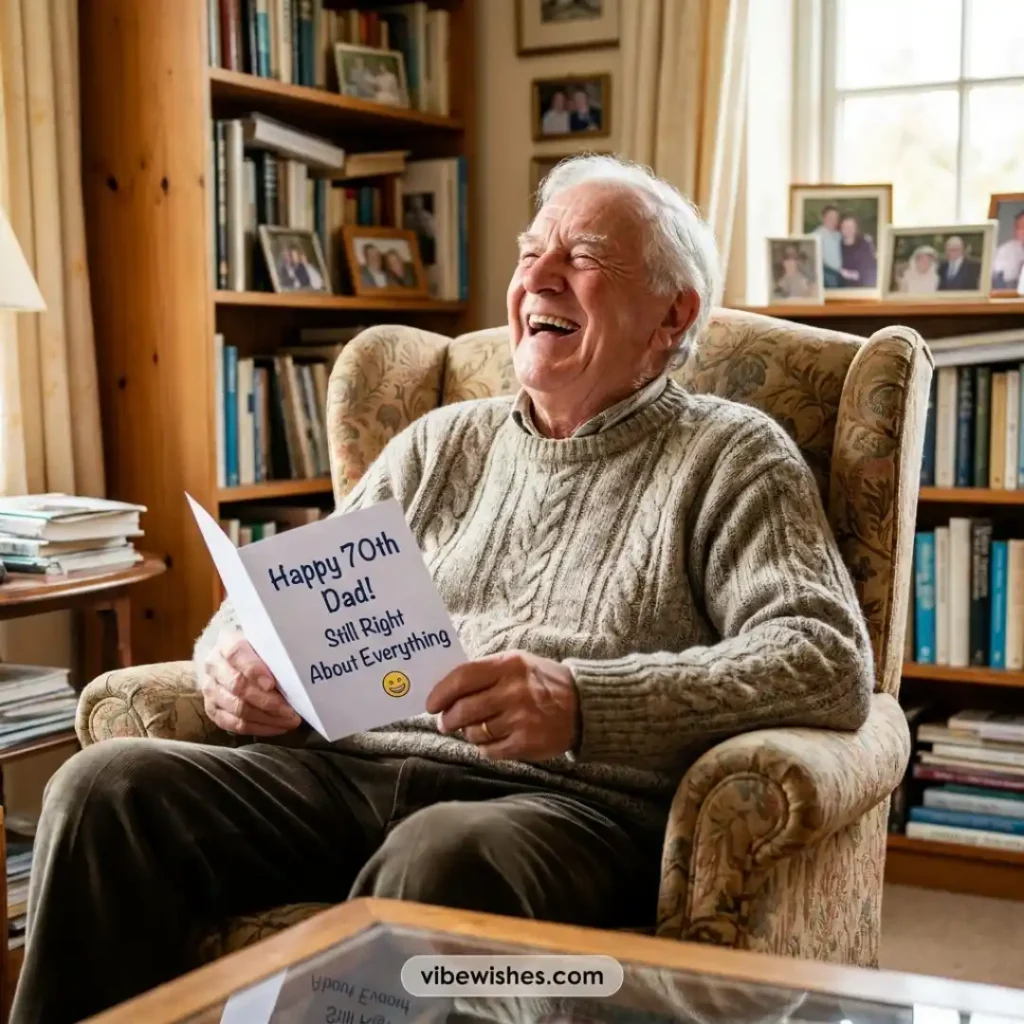 A clean white greeting card sitting on a light wooden table, perfect for typing out short 70th birthday wishes for dad.