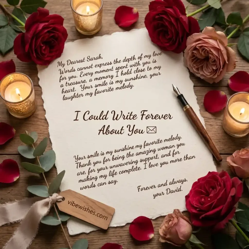 A handwritten love letter surrounded by red roses and candles, perfect for drafting 70th birthday wishes for wife.