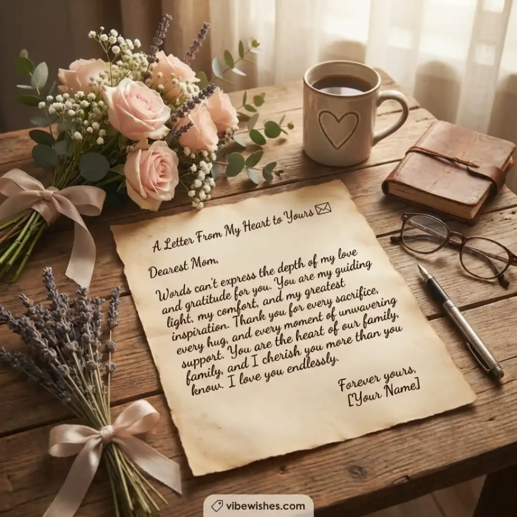 A vintage letter surrounded by red roses and candles, providing a template for writing 70th birthday wishes for mom.