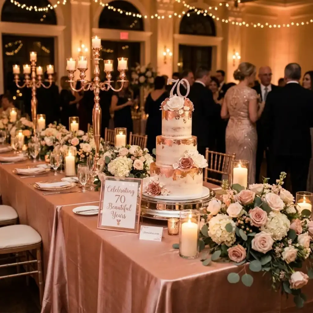 A luxury banquet table setting with a grand cake, celebrating a milestone event for 70th birthday wishes for wife.