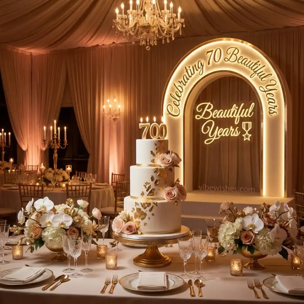 A beautifully decorated banquet table with a milestone cake, ideal for 70th birthday wishes for mom celebration ideas.