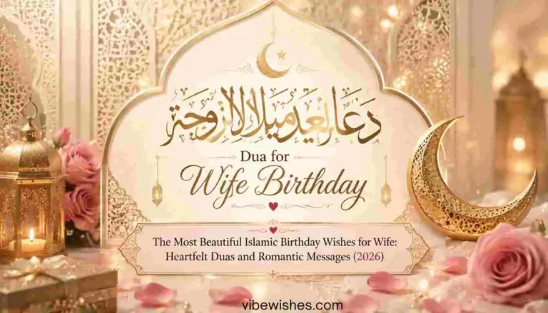 A beautiful golden greeting card with Arabic calligraphy and roses for Islamic birthday wishes for wife.