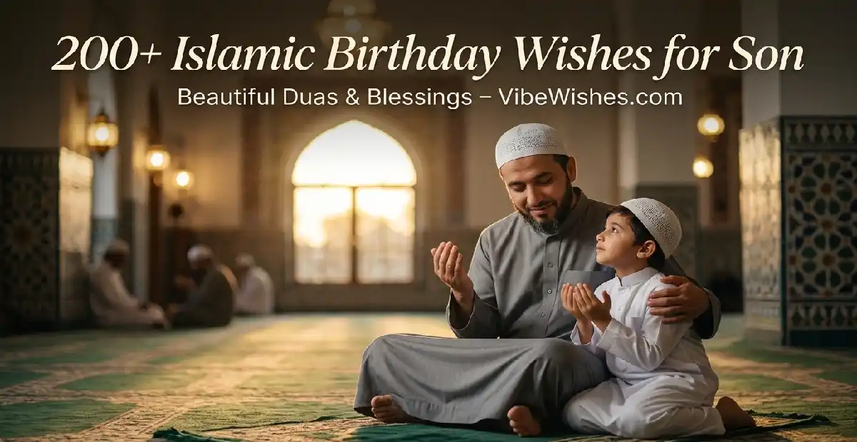 A woman praying with raised hands next to a mosque, representing a mother's Islamic Birthday Wishes for Son.