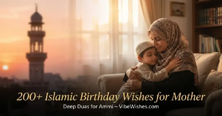A mother in a hijab hugging her young son at sunset with a mosque minaret in the background, featuring text for Islamic birthday wishes for mother.
