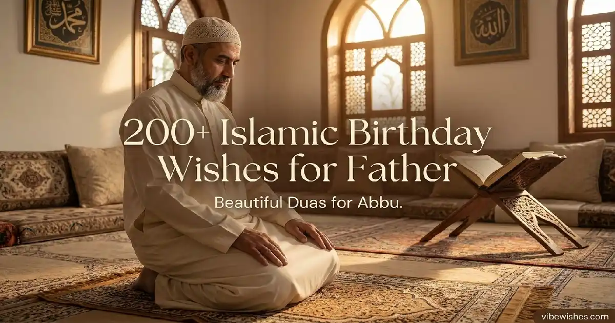 A loving parent hugging their child at sunset with a beautiful mosque minaret in the background, featuring text for Islamic birthday wishes for father.