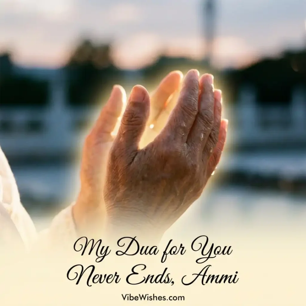 Wrinkled hands of an elderly mother raised in prayer under a bright sky for Islamic birthday wishes for mother.