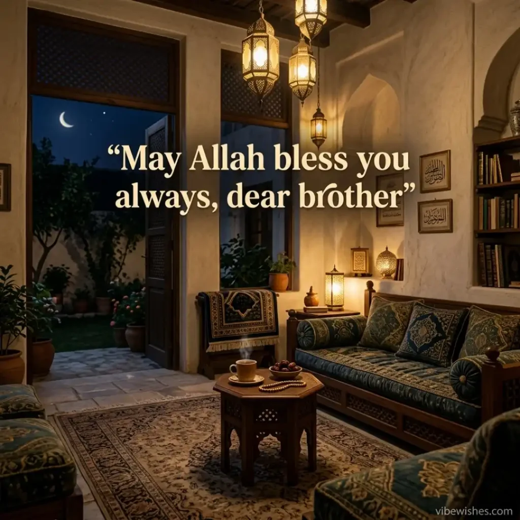 A beautiful traditional Islamic living room at night with glowing lanterns for Islamic birthday wishes for brother