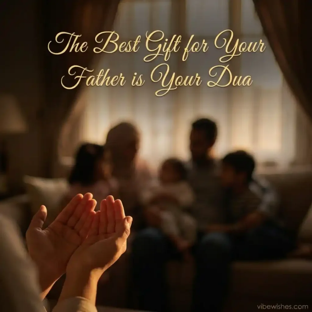 Wrinkled hands of an elderly parent raised in prayer under a bright sky for Islamic birthday wishes for father.