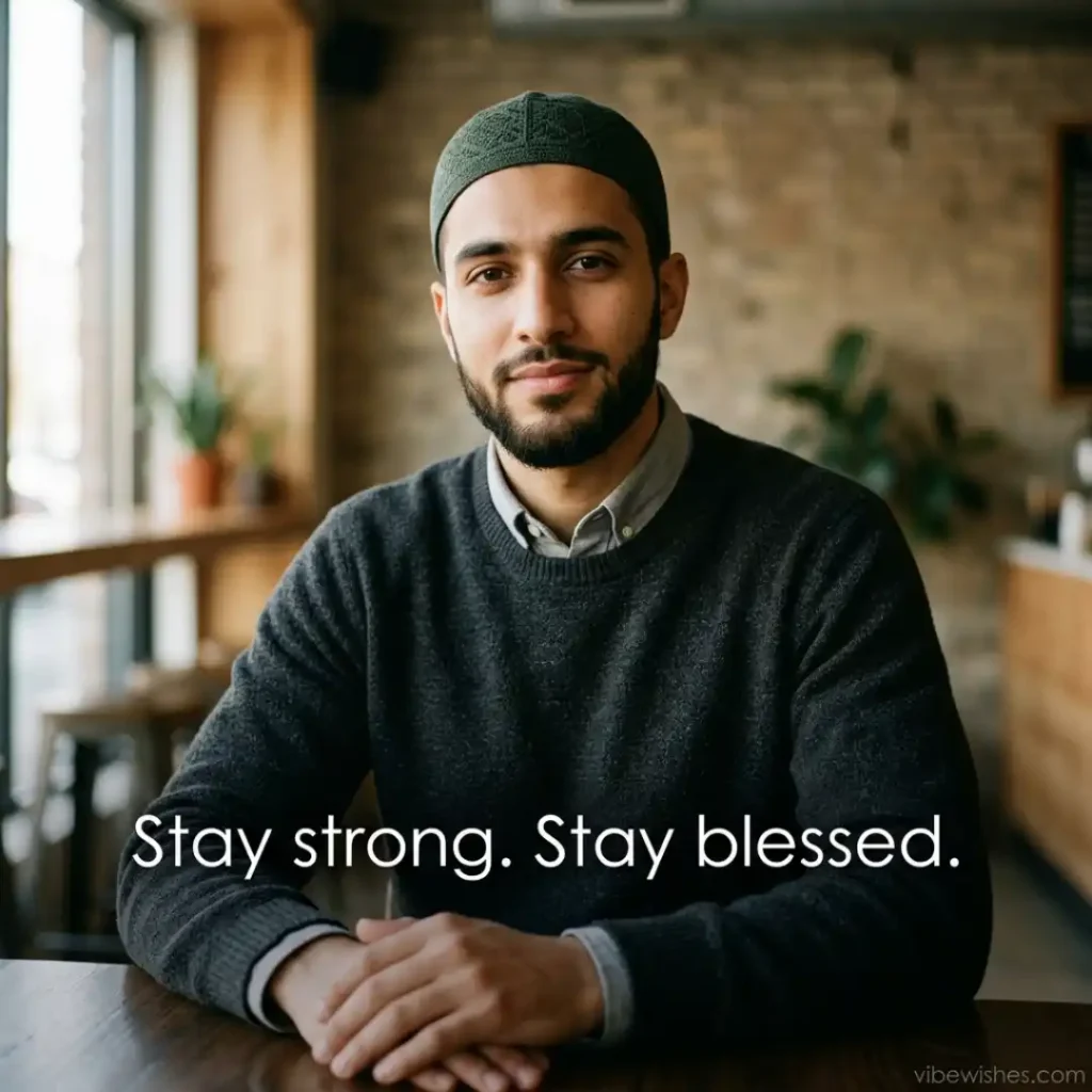 A young Muslim man wearing a green prayer cap sitting at a table representing Islamic birthday wishes for brother