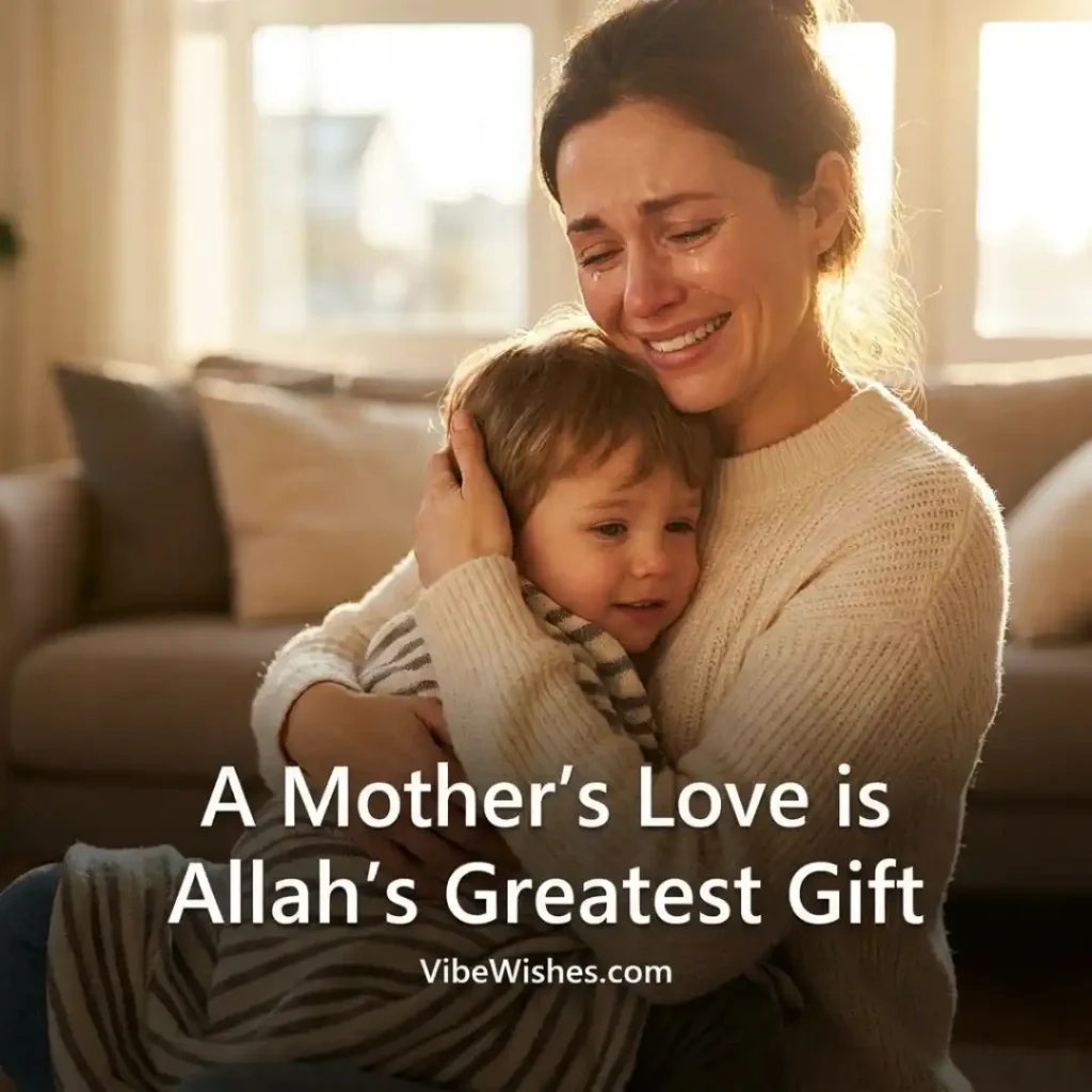A crying mother happily holding her little boy close, showcasing how a mother's love is a gift with Islamic birthday wishes for mother context.