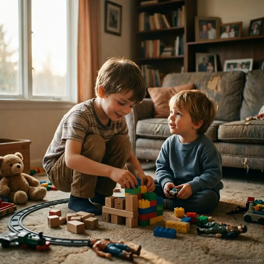 Two young brothers playing with building blocks on a carpet for Islamic birthday wishes for brother blog post