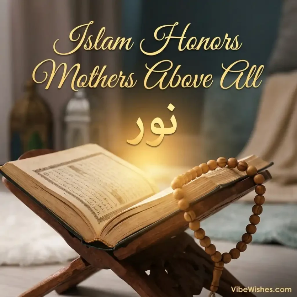 An open Holy Quran on a wooden stand next to prayer beads, perfect for sharing Islamic birthday wishes for mother.