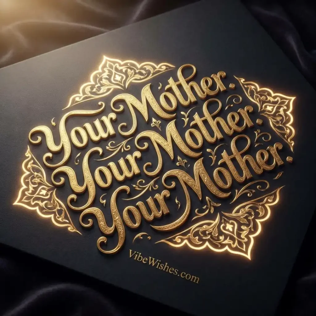 Elegant gold 3D typography on a black background repeating the words Your Mother three times for Islamic birthday wishes for mother.