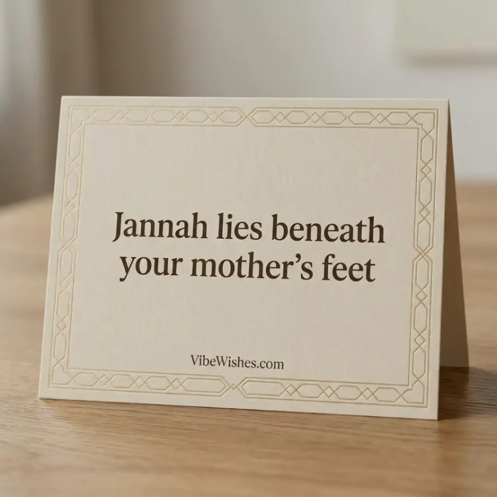 A simple white greeting card on a table reading Jannah lies beneath your mother's feet, used for Islamic birthday wishes for mother.