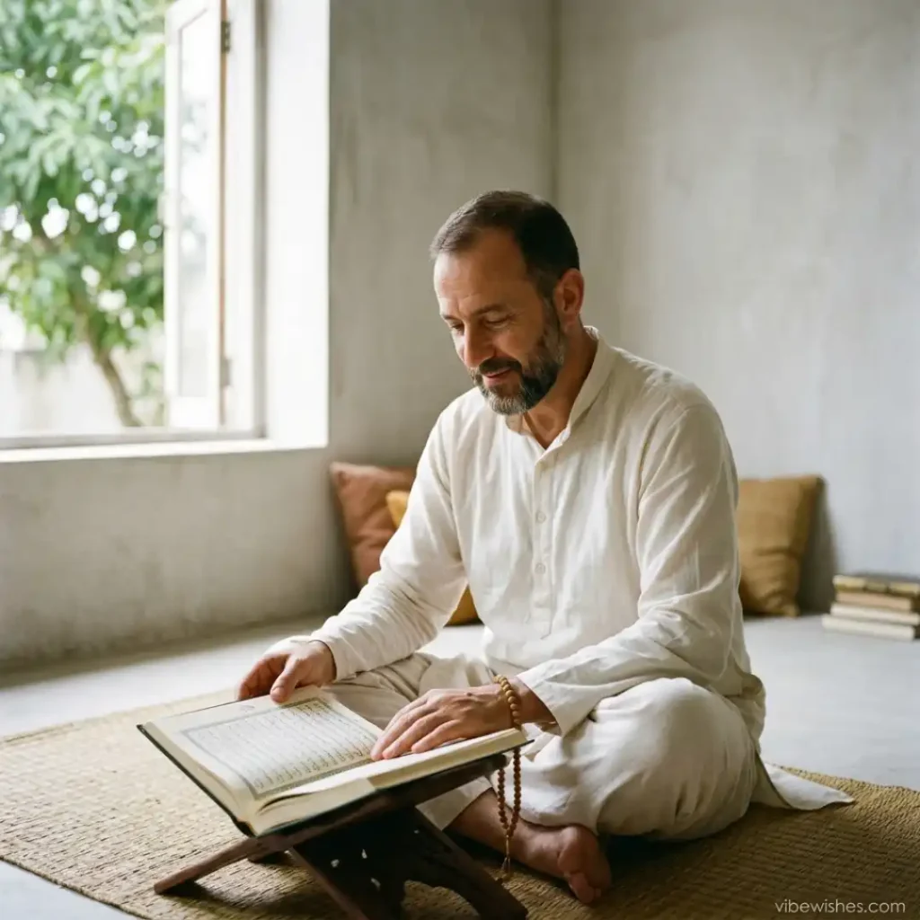 An elder Muslim man sitting on a rug and reading the Holy Quran for Islamic birthday wishes for brother