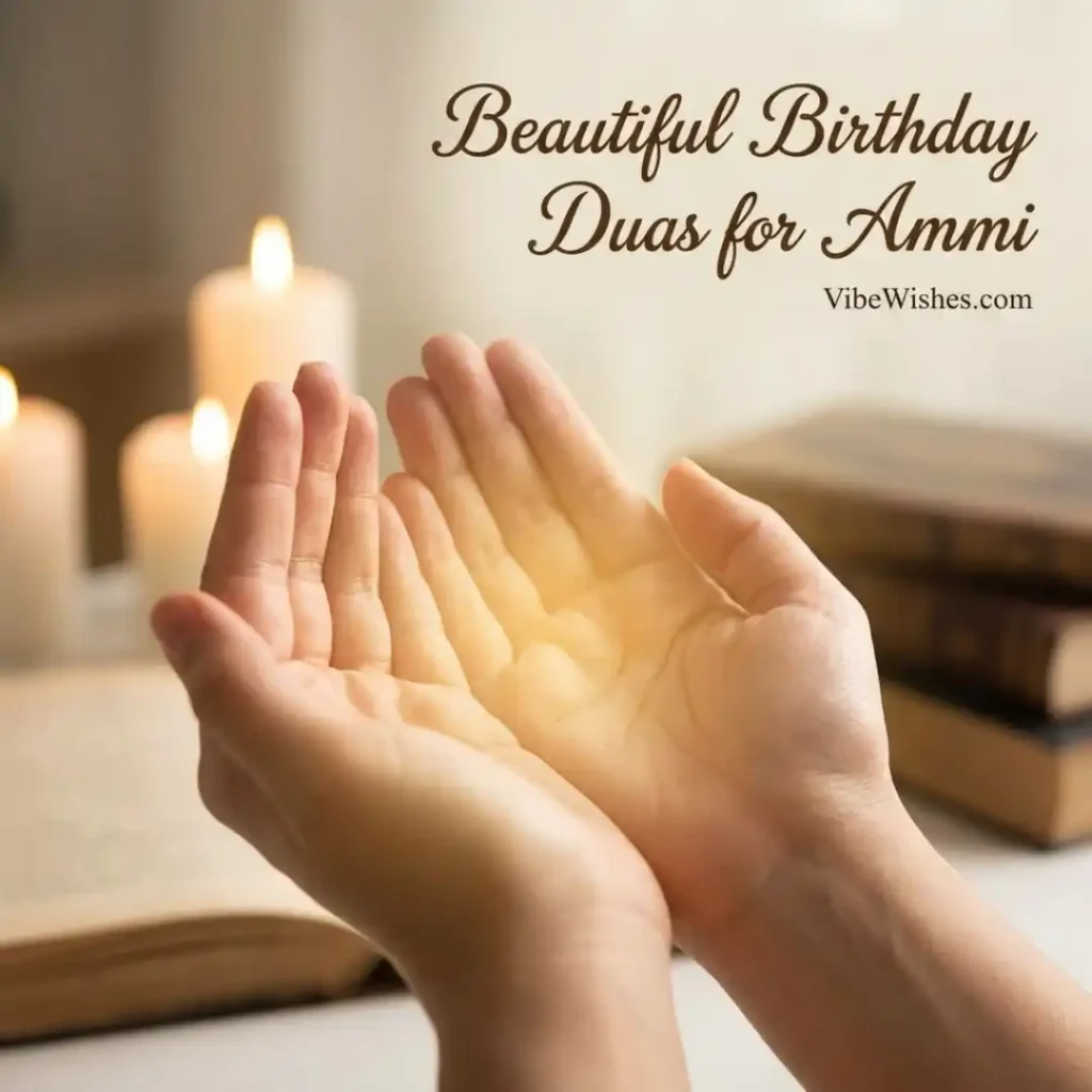 Two hands raised open in prayer with a soft golden glow, representing beautiful Islamic birthday wishes for mother.