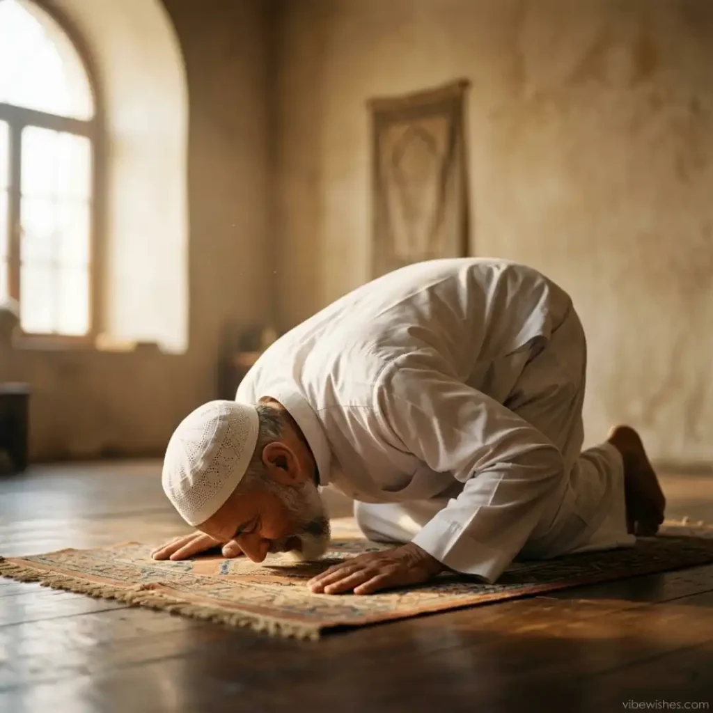 A close-up of a man holding dark wooden prayer beads inside a sunlit mosque, illustrating spiritual and beautiful Islamic birthday wishes for husband.