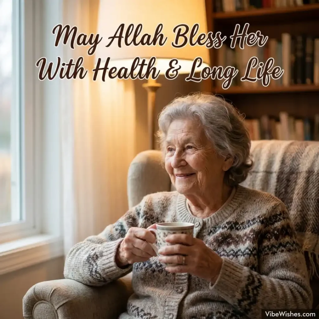 An elderly mother sitting happily in an armchair holding a mug, paired with Islamic birthday wishes for mother.