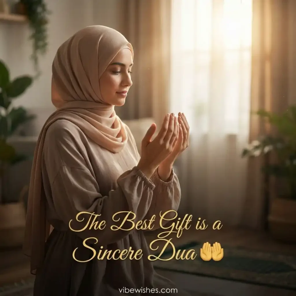 A cheerful young woman sitting indoors by a window holding a warm drink, perfectly paired with Islamic birthday wishes for sister.