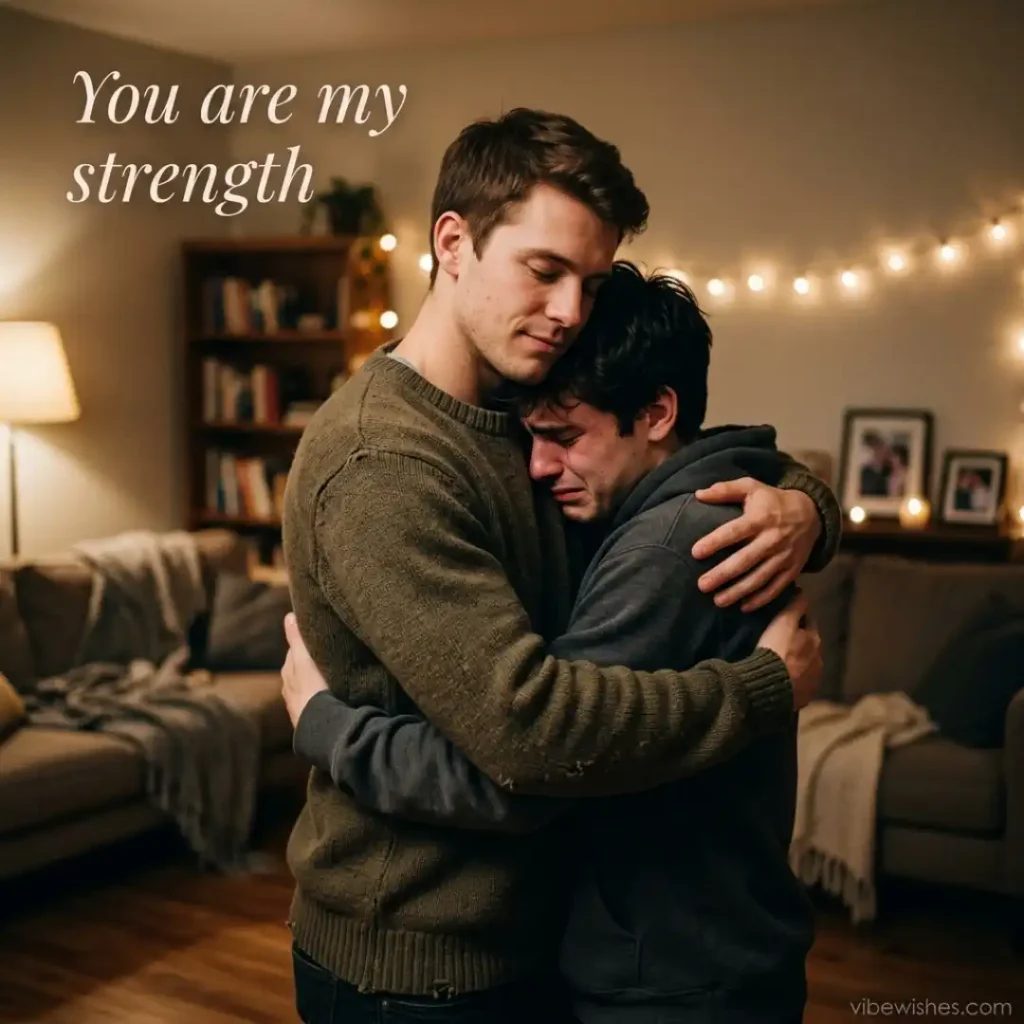 Two brothers sharing an emotional hug indoors representing meaningful Islamic birthday wishes for brother