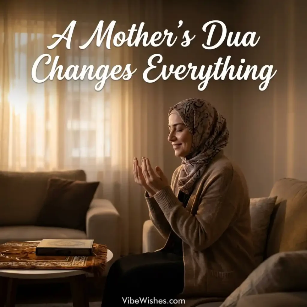 A mother wearing a hijab sitting on a sofa making a prayer, ideal for an article on Islamic birthday wishes for mother.
