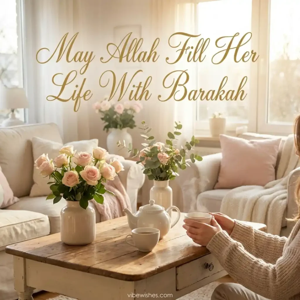 A woman in a headscarf sitting quietly on a couch making a prayer, representing sweet Islamic birthday wishes for sister.
