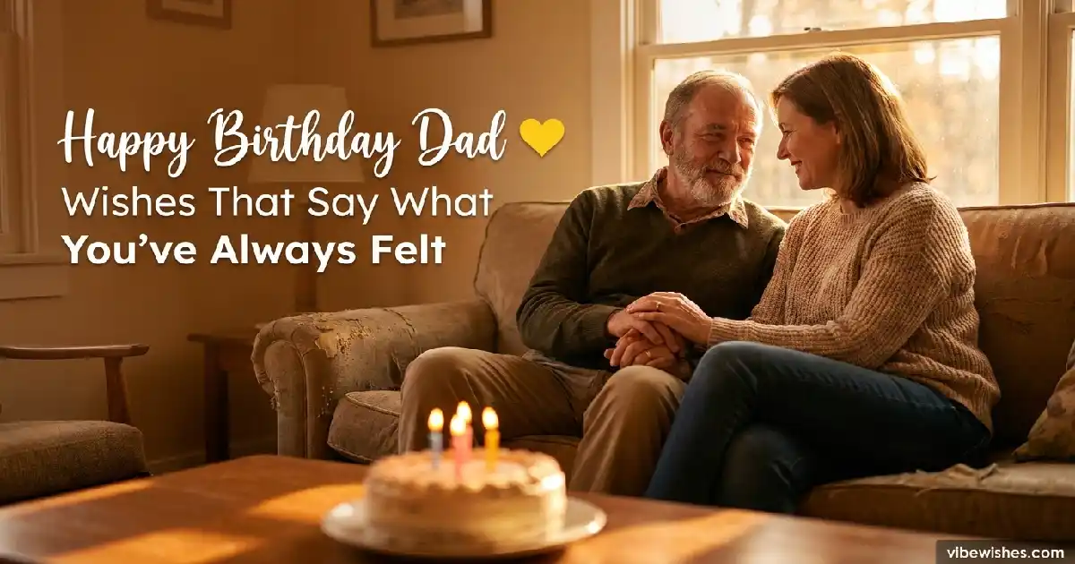 An older father and his middle-aged daughter smiling affectionately at each other on a couch behind a lit birthday cake, featuring text overlay Happy Birthday Dad Wishes That Say What You've Always Felt.