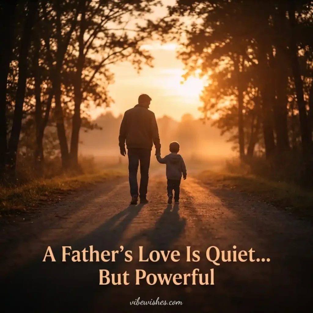 A silhouette of a father holding his young son's hand as they walk down a dirt road into a bright forest sunset, with the quote A Father's Love Is Quiet... But Powerful.