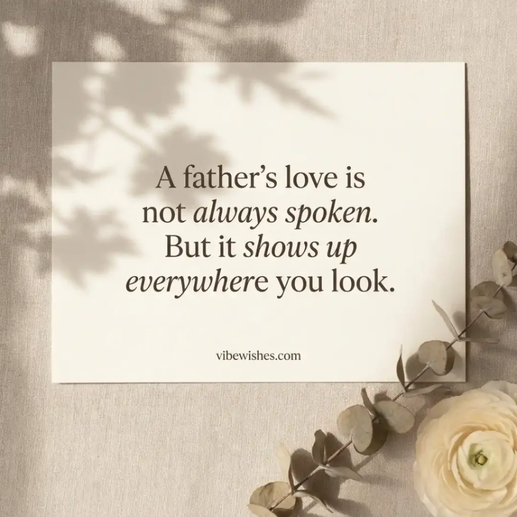 An elegant cream-colored quote card stating A father's love is not always spoken. But it shows up everywhere you look, decorated with a white rose.