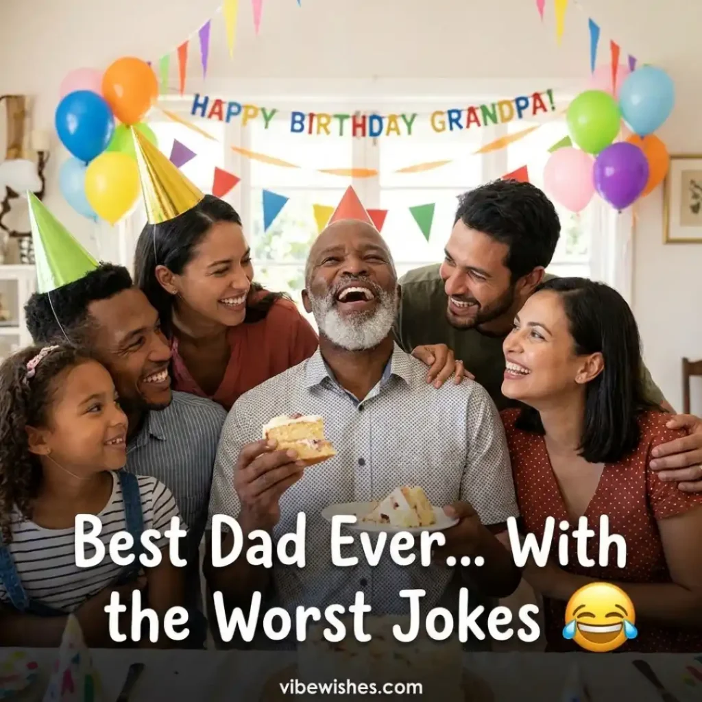 A grandfather laughing out loud while holding a slice of cake surrounded by his cheerful adult children and grandchildren, with text reading Best Dad Ever... With the Worst Jokes.