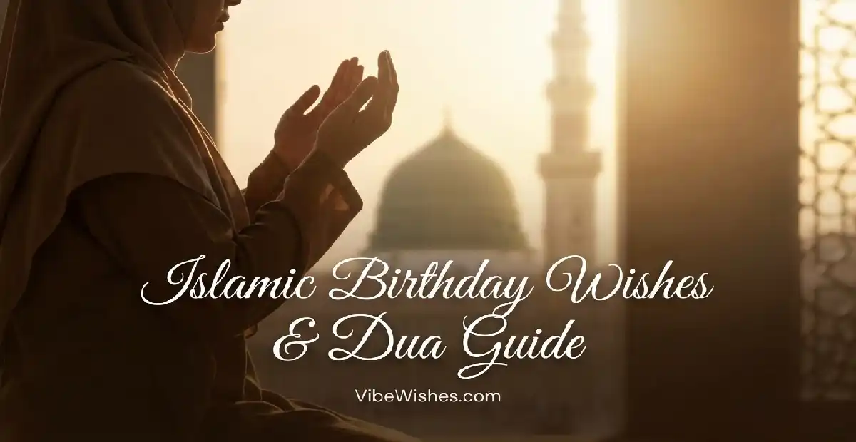 A woman in hijab praying with hands raised, featuring the text Islamic Birthday Wishes and Dua Guide.
