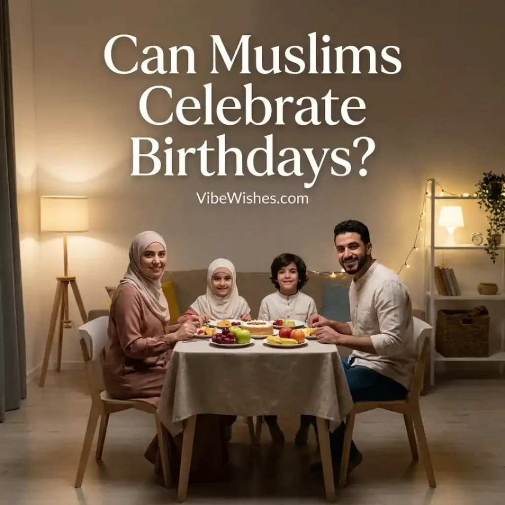 A Muslim family sitting at a dinner table with a cake, exploring the topic of Islamic Birthday Wishes.