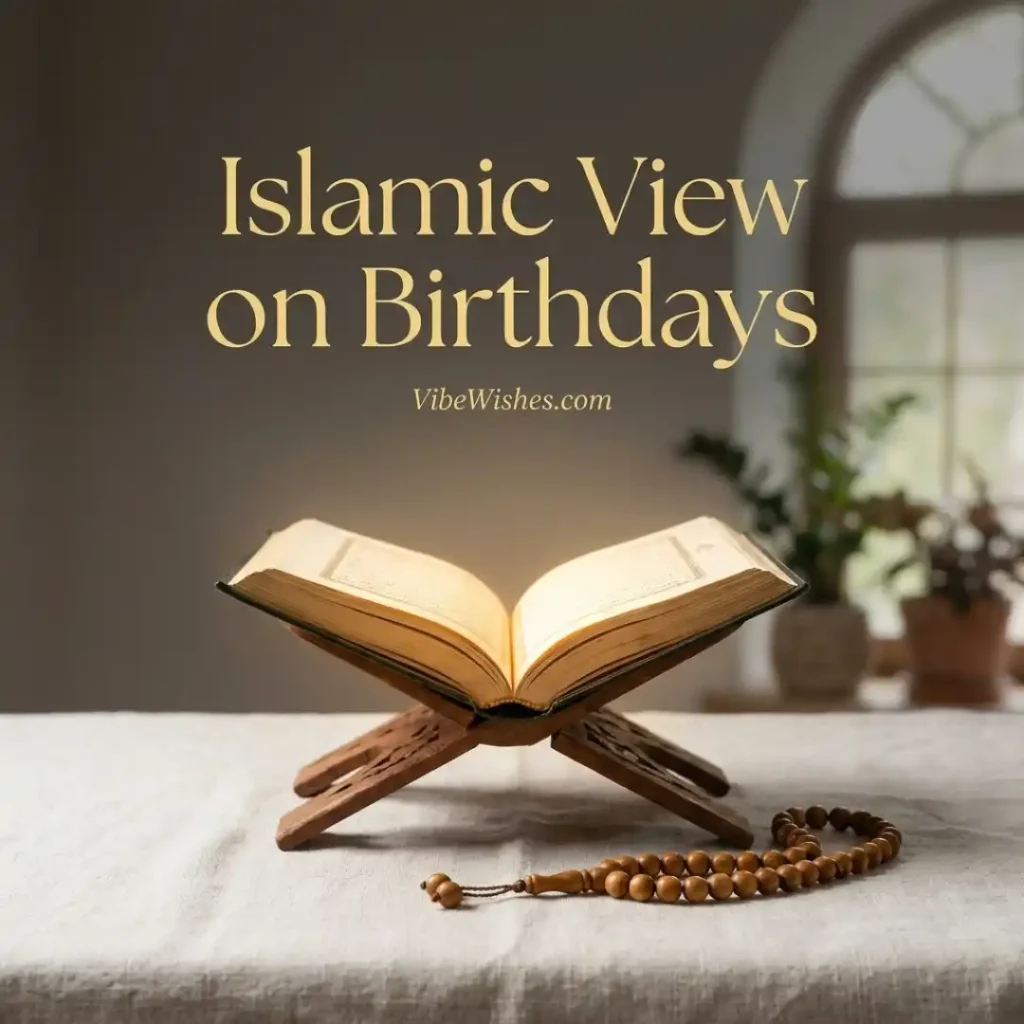 The Holy Quran on a wooden stand with prayer beads, explaining the perspective on Islamic Birthday Wishes.