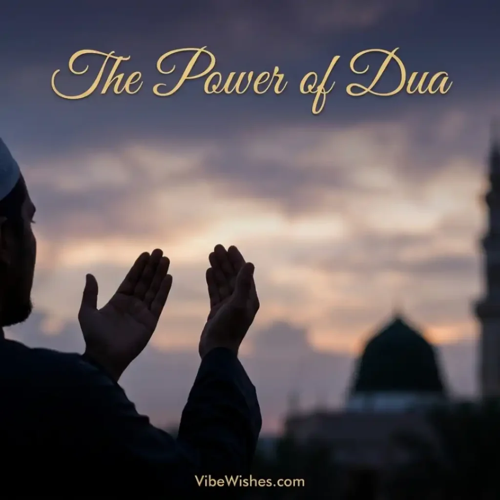 A Muslim man making Dua at sunset, a central part of meaningful Islamic Birthday Wishes.